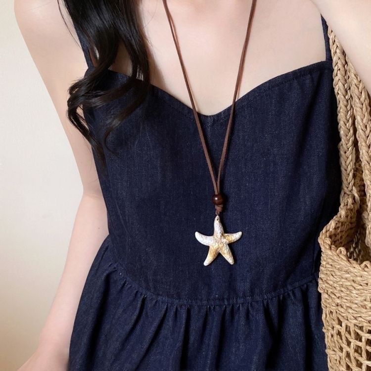 Ocean Silver Bohemian Sweater Chain Necklace For Women With Leather Rope Chain And Alloy Pendant