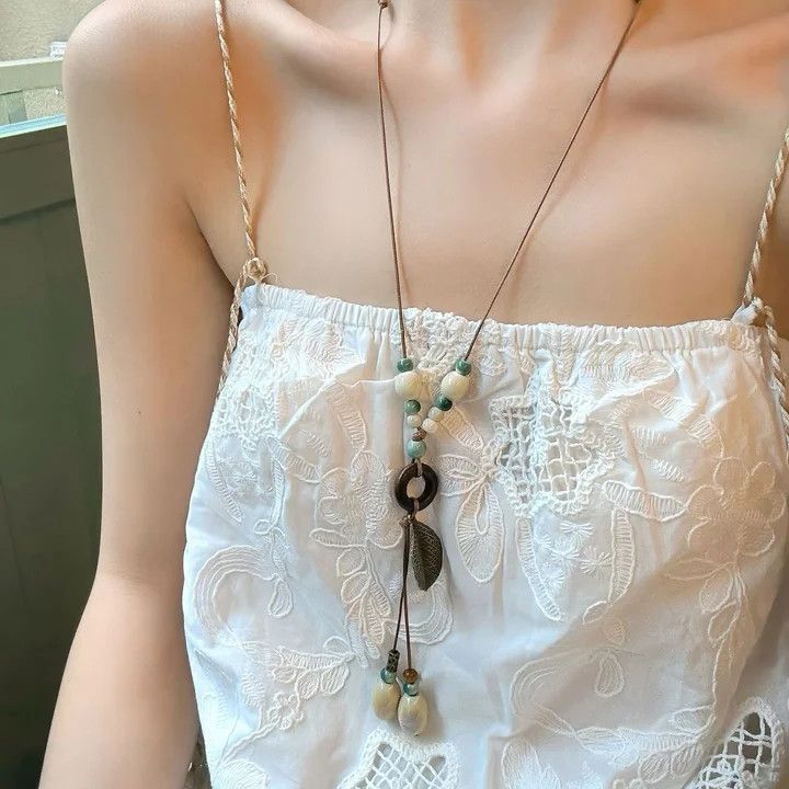 Ocean Silver Bohemian Sweater Chain Necklace For Women With Leather Rope Chain And Alloy Pendant