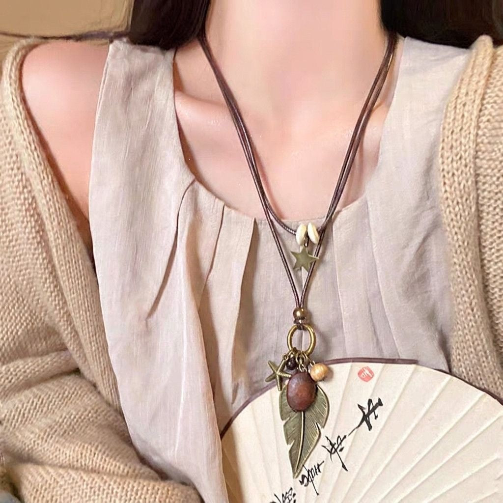 Ocean Silver Bohemian Sweater Chain Necklace For Women With Leather Rope Chain And Alloy Pendant