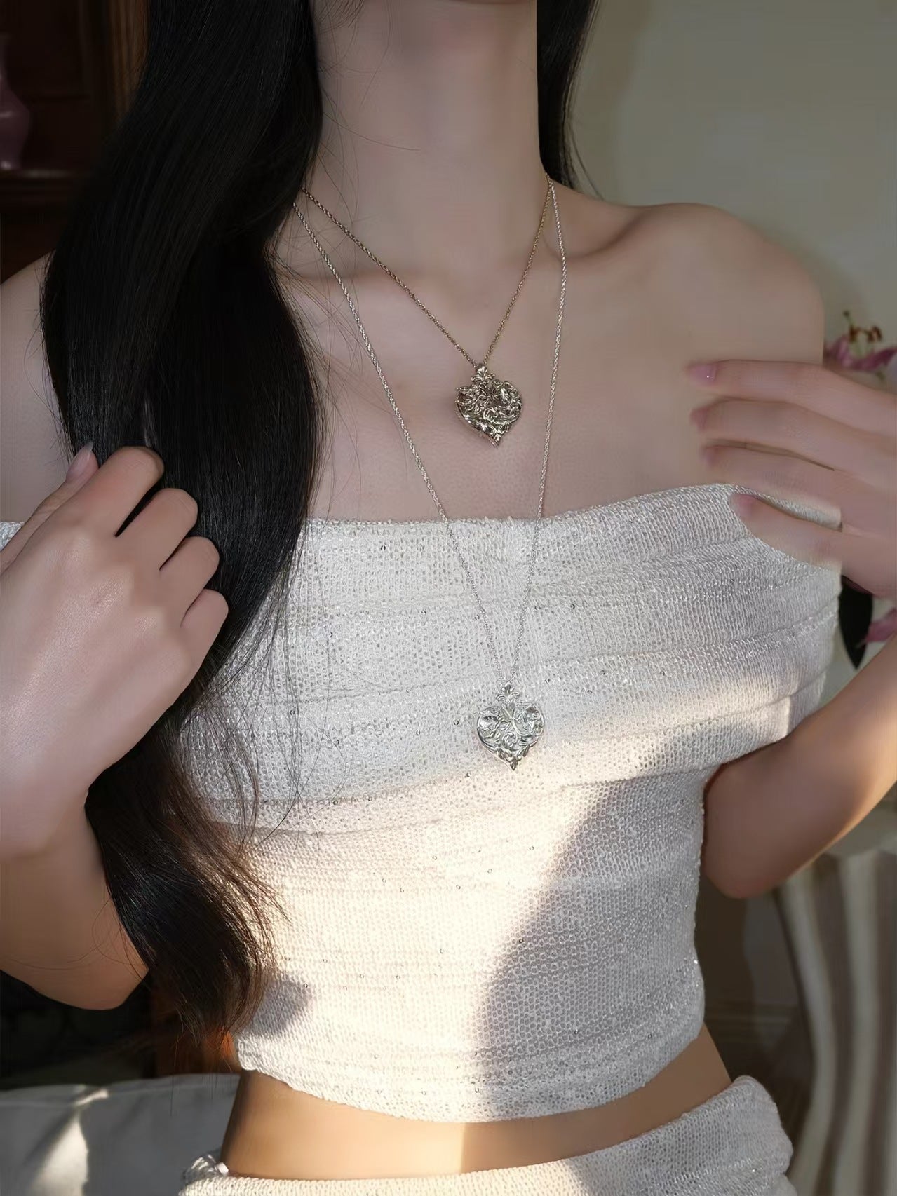 Heart Shape Carving Choker Necklace For Women In Coffee Color With Real Gold Plated Brass And Slider Chain