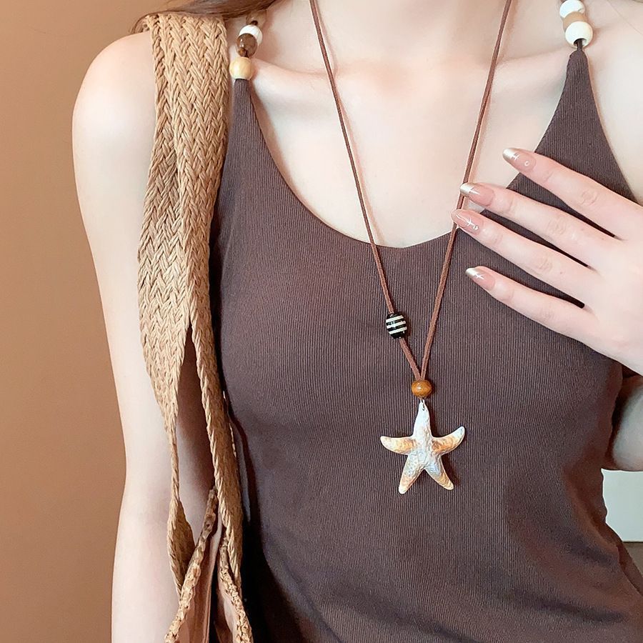 Ocean Silver Bohemian Sweater Chain Necklace For Women With Leather Rope Chain And Alloy Pendant