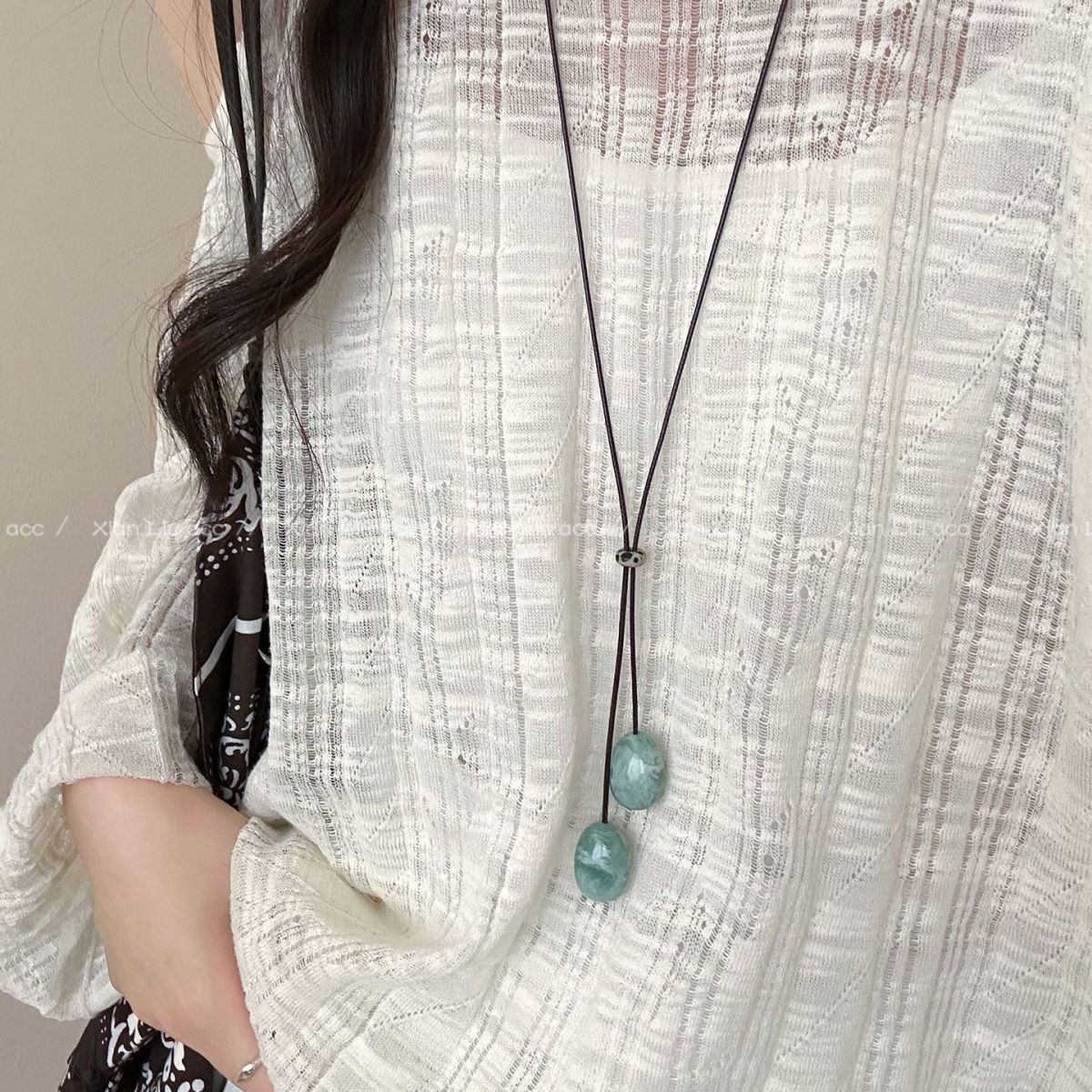 Ocean Silver Bohemian Sweater Chain Necklace For Women With Leather Rope Chain And Alloy Pendant