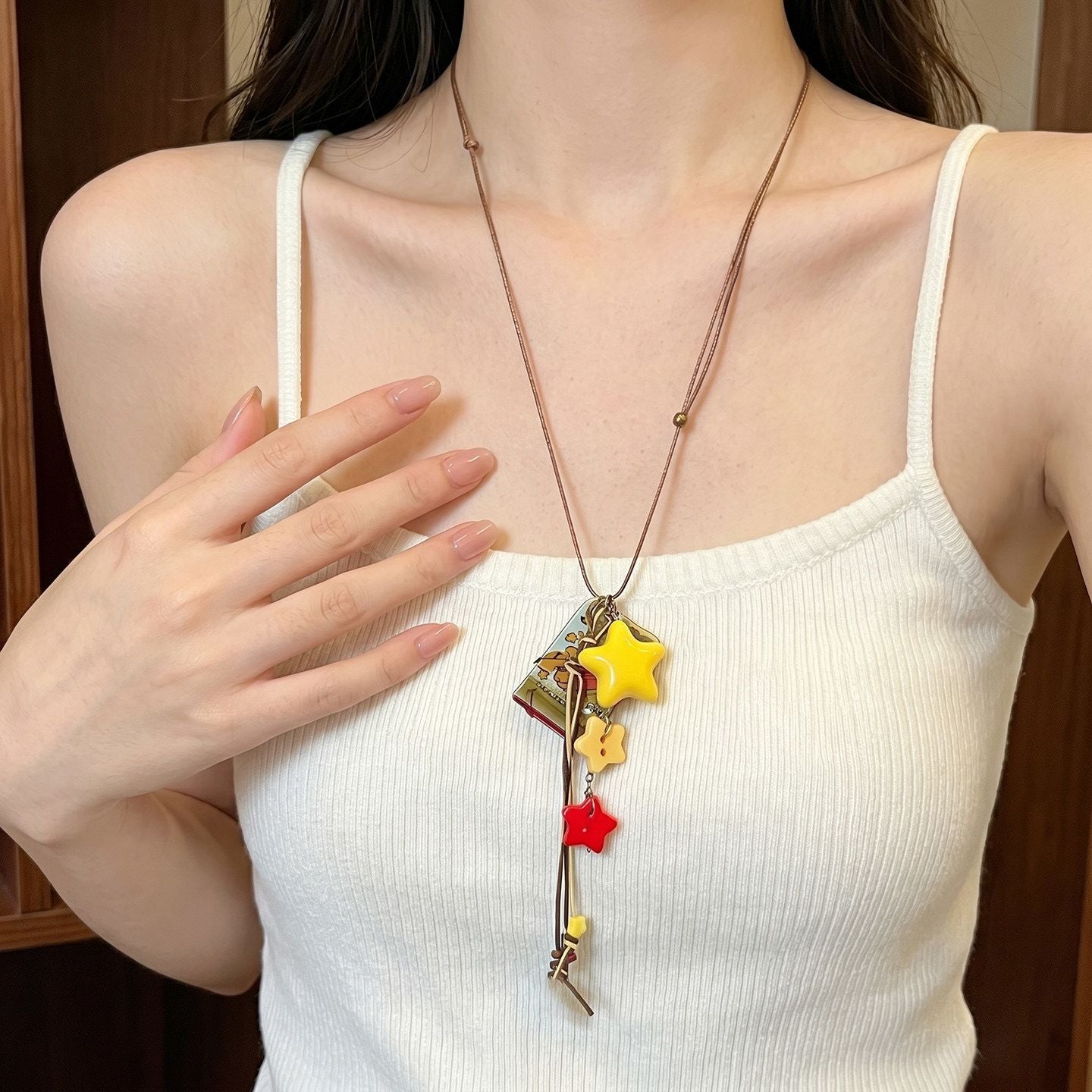 Ocean Silver Bohemian Sweater Chain Necklace For Women With Leather Rope Chain And Alloy Pendant