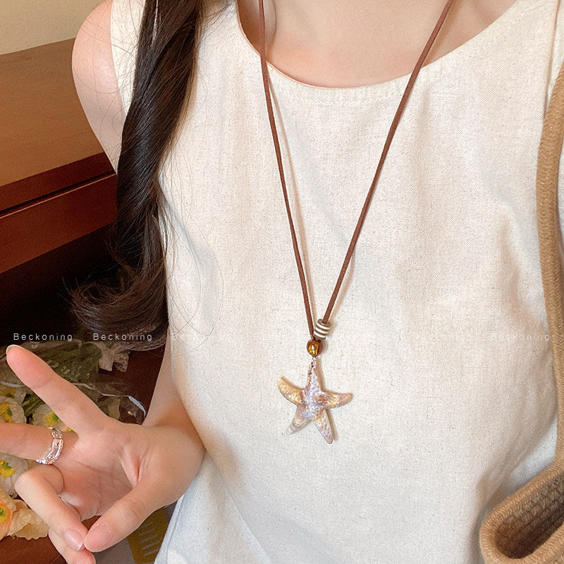Ocean Silver Bohemian Sweater Chain Necklace For Women With Leather Rope Chain And Alloy Pendant