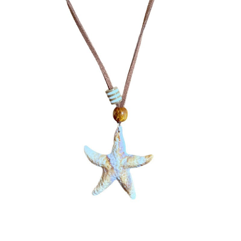 Ocean Silver Bohemian Sweater Chain Necklace For Women With Leather Rope Chain And Alloy Pendant