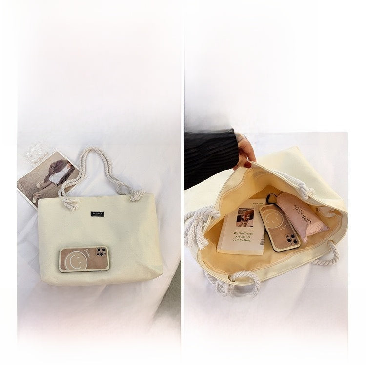 Canvas Square Letter Tote Bag With Sewing Thread Detail, Top Handle Design, Perfect For Spring