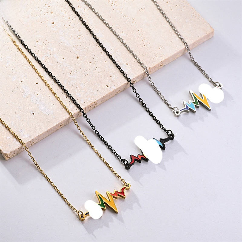Electrocardiogram Enamel Necklace With 304 Stainless Steel Chain And Pendant, Electroplated Titanium Steel, Couple Design