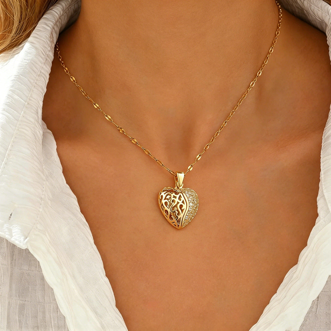 Heart Shape Necklace For Women With 304 Stainless Steel Chain And Copper Pendant Inlaid With Zircon