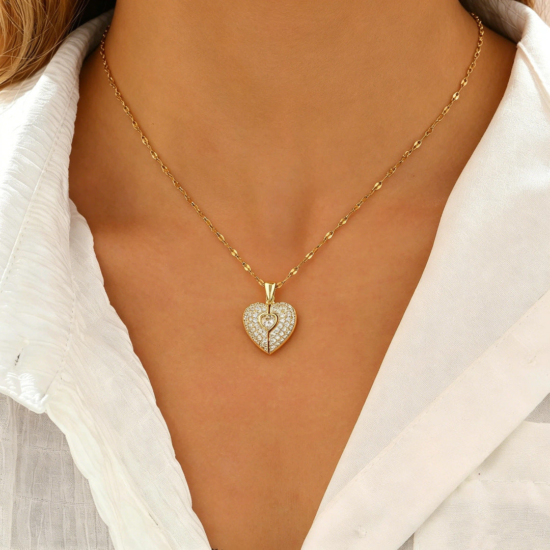 Heart Shape Necklace For Women With 304 Stainless Steel Chain And Copper Pendant Inlaid With Zircon