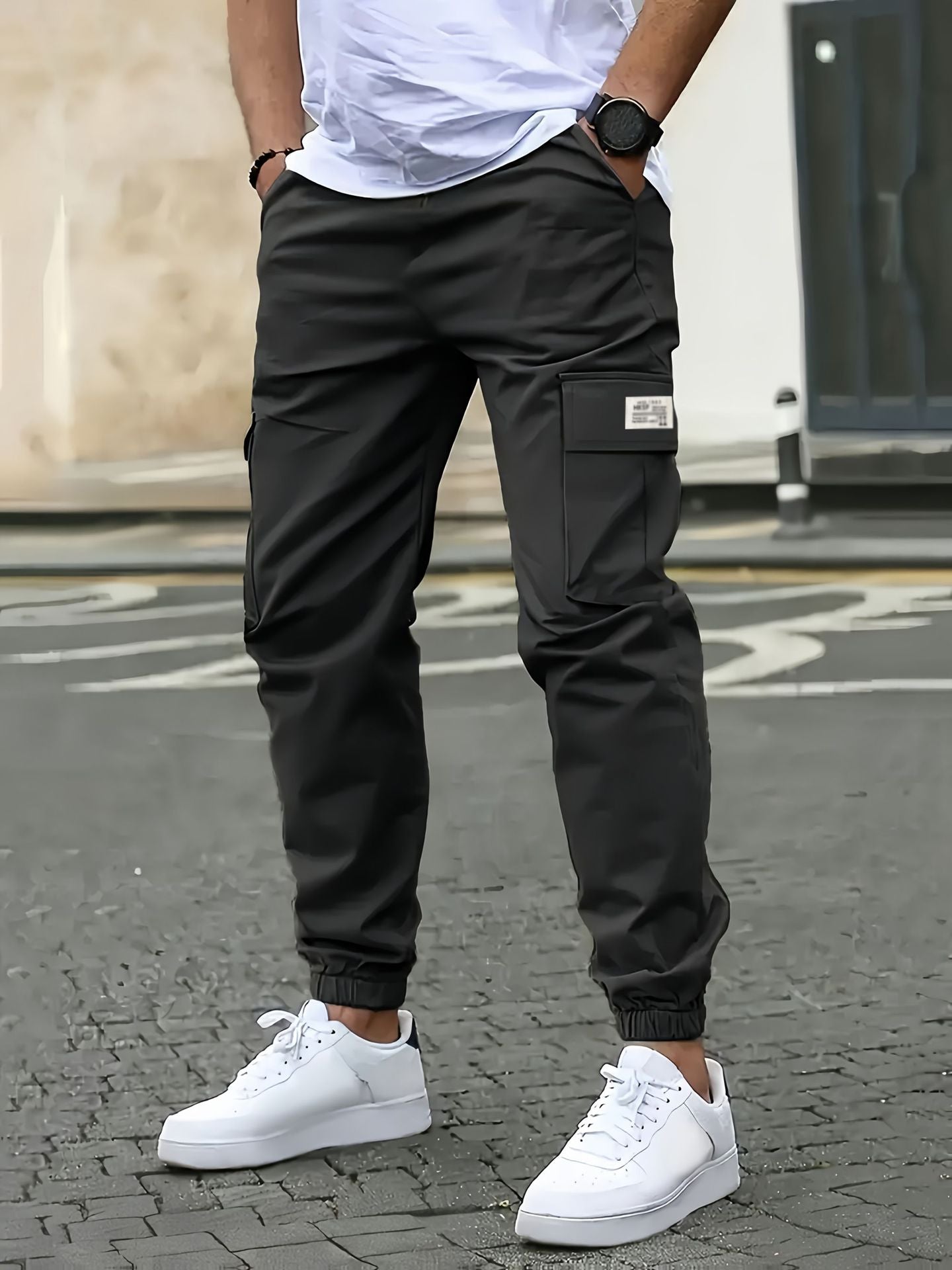 Men's Casual Solid Color Ankle-Length Cargo Pants In Polyester Fabric Featuring Multiple Pockets