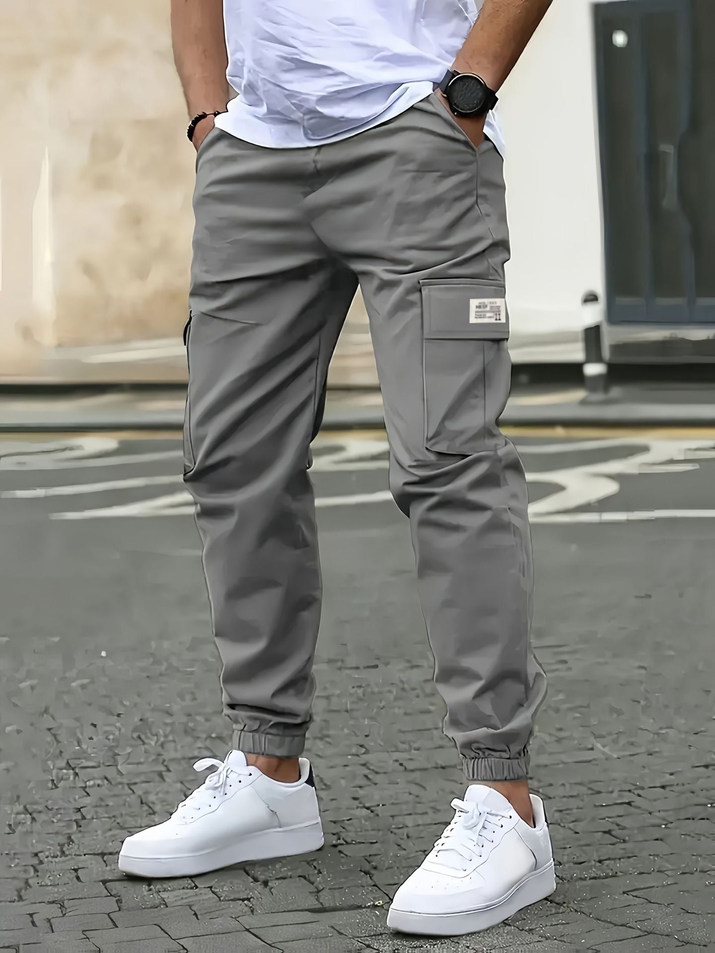 Men's Casual Solid Color Ankle-Length Cargo Pants In Polyester Fabric Featuring Multiple Pockets