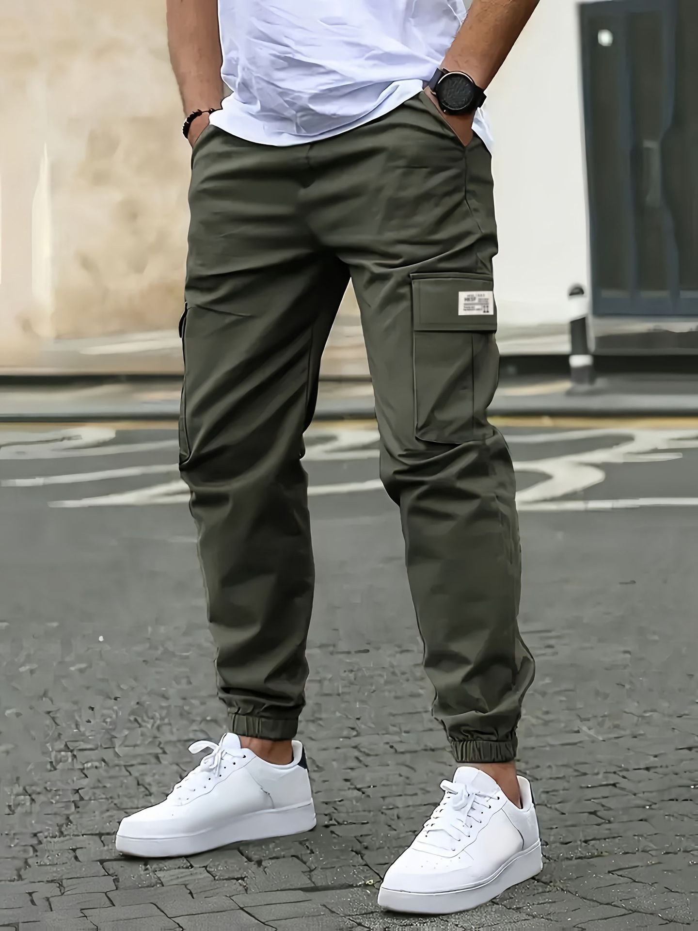 Men's Casual Solid Color Ankle-Length Cargo Pants In Polyester Fabric Featuring Multiple Pockets