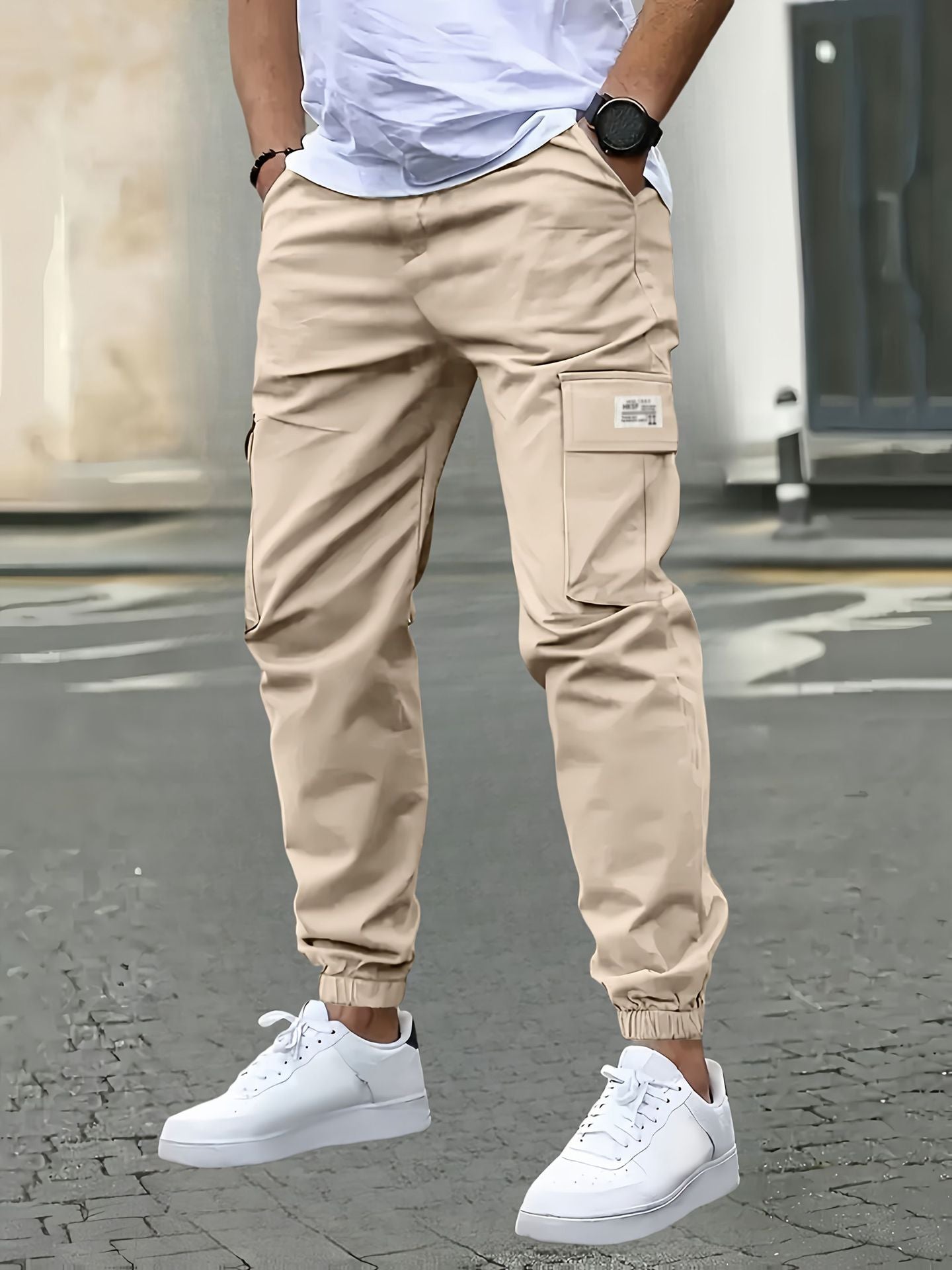 Men's Casual Solid Color Ankle-Length Cargo Pants In Polyester Fabric Featuring Multiple Pockets