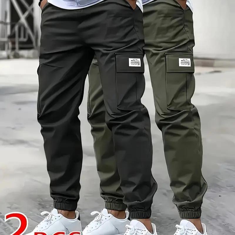 Men's Casual Solid Color Ankle-Length Cargo Pants In Polyester Fabric Featuring Multiple Pockets