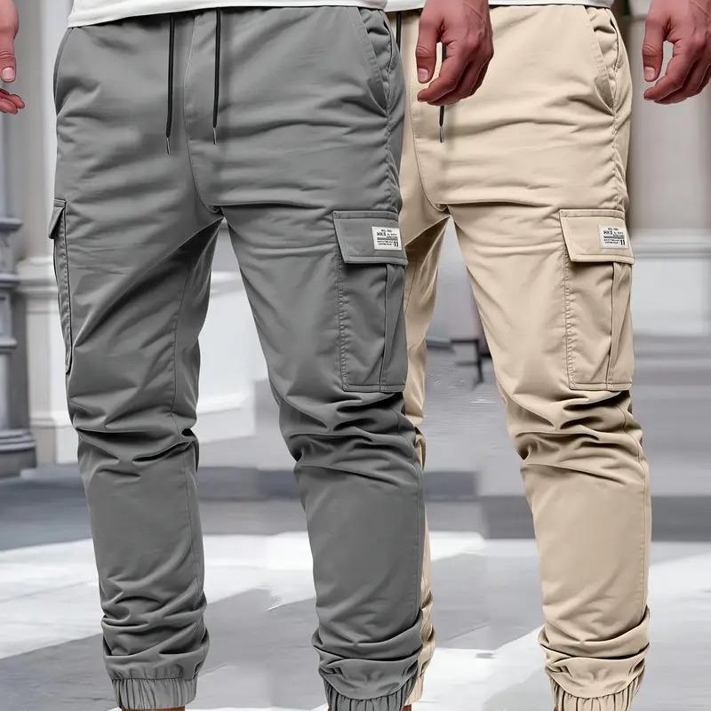 Men's Casual Solid Color Ankle-Length Cargo Pants In Polyester Fabric Featuring Multiple Pockets