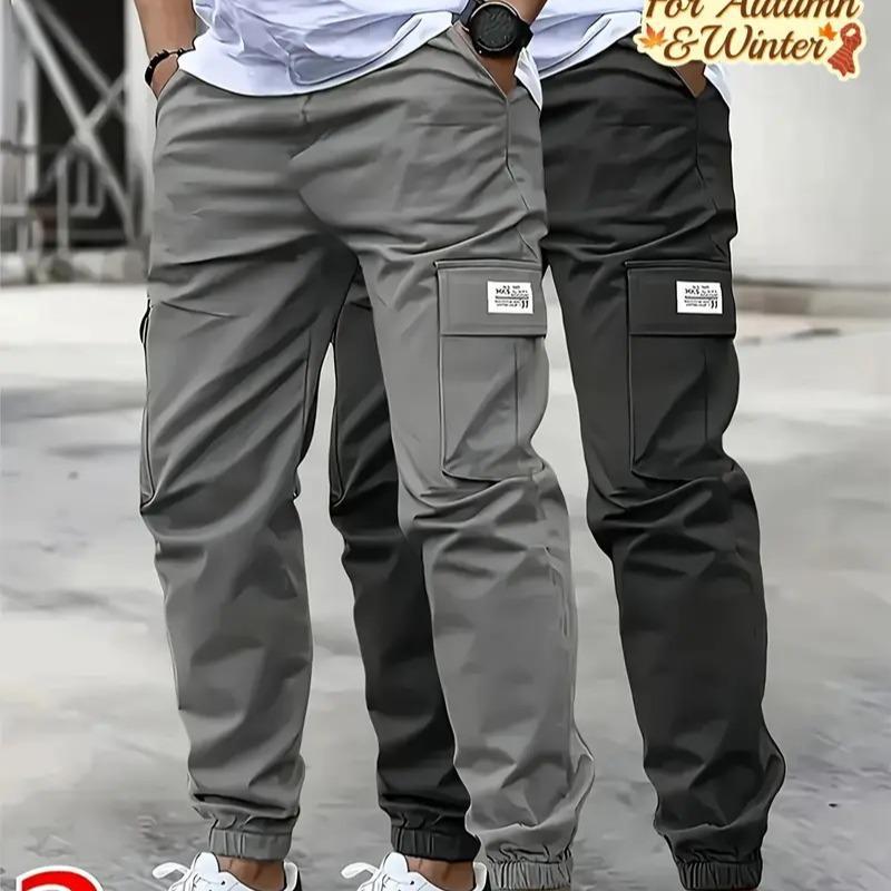 Men's Casual Solid Color Ankle-Length Cargo Pants In Polyester Fabric Featuring Multiple Pockets
