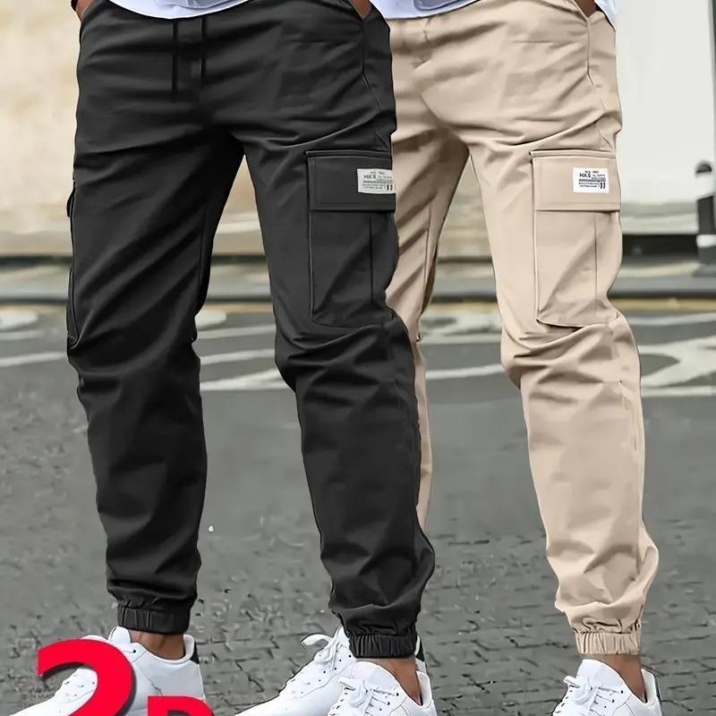 Men's Casual Solid Color Ankle-Length Cargo Pants In Polyester Fabric Featuring Multiple Pockets