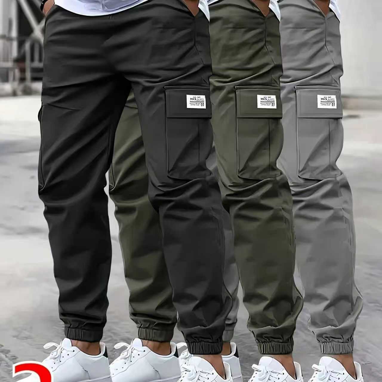 Men's Casual Solid Color Ankle-Length Cargo Pants In Polyester Fabric Featuring Multiple Pockets