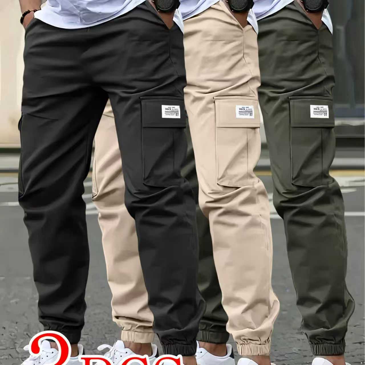 Men's Casual Solid Color Ankle-Length Cargo Pants In Polyester Fabric Featuring Multiple Pockets