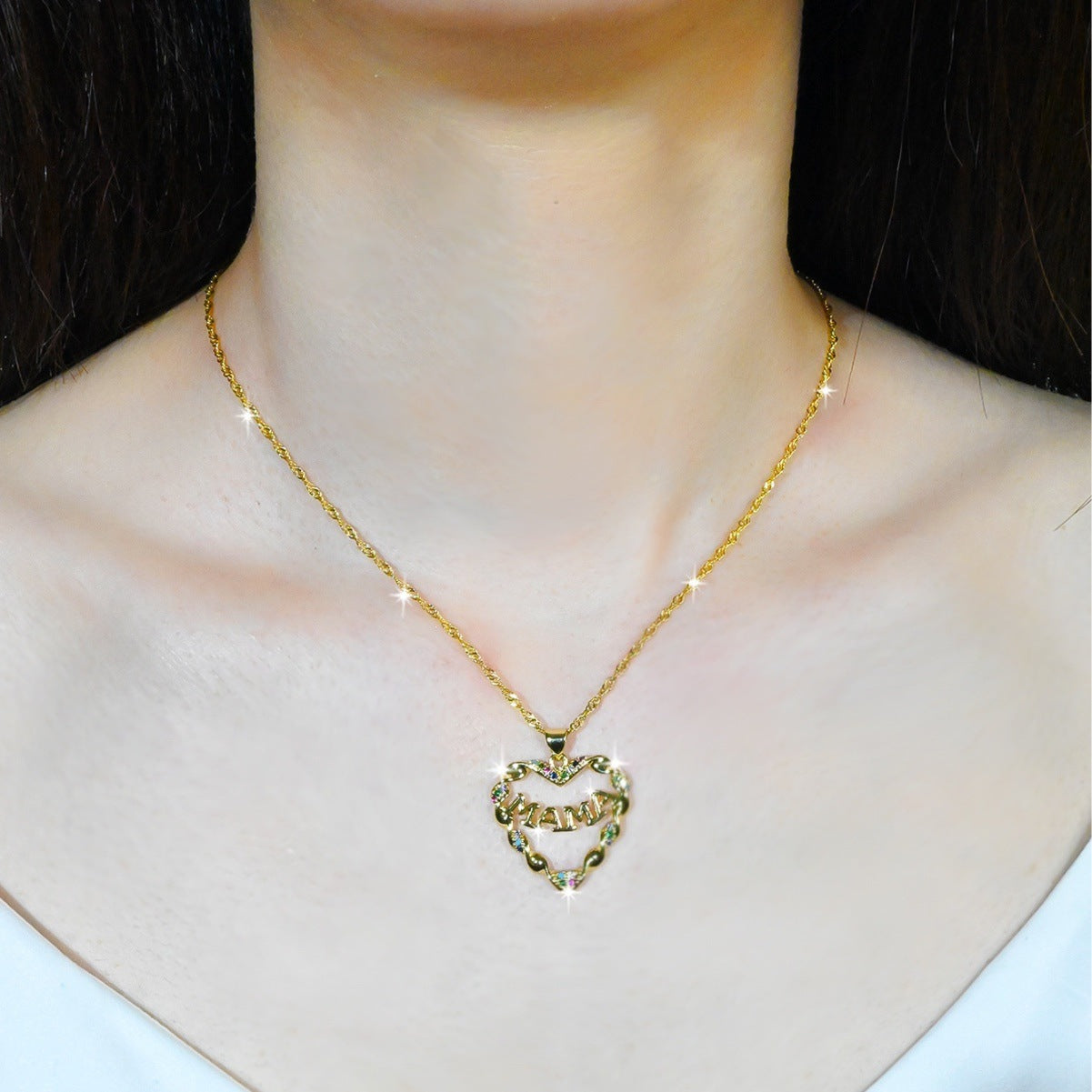 Heart Shape Gold Necklace For Women In Pastoral Style, Copper Material With Electroplated Finish And Zircon Inlay