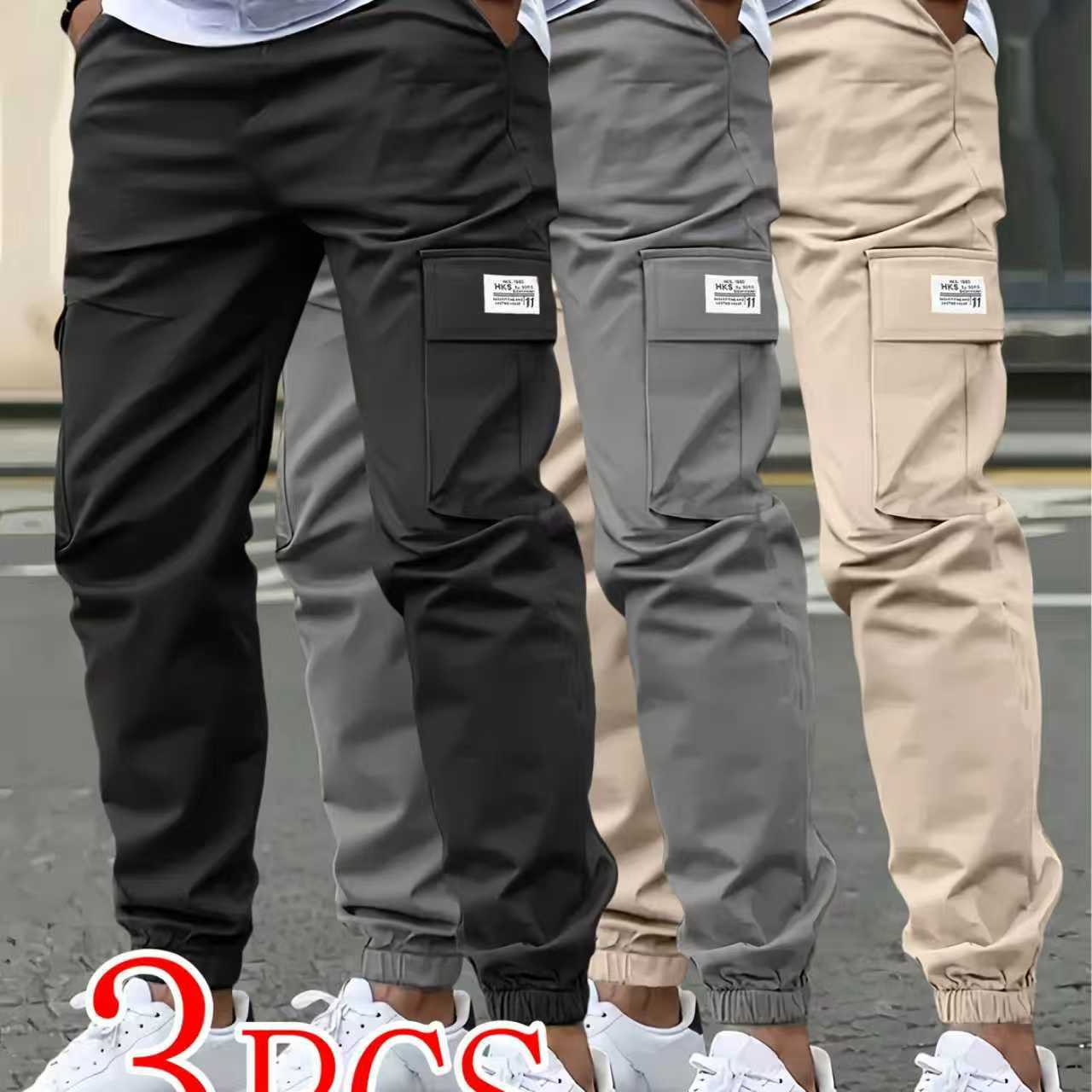 Men's Casual Solid Color Ankle-Length Cargo Pants In Polyester Fabric Featuring Multiple Pockets
