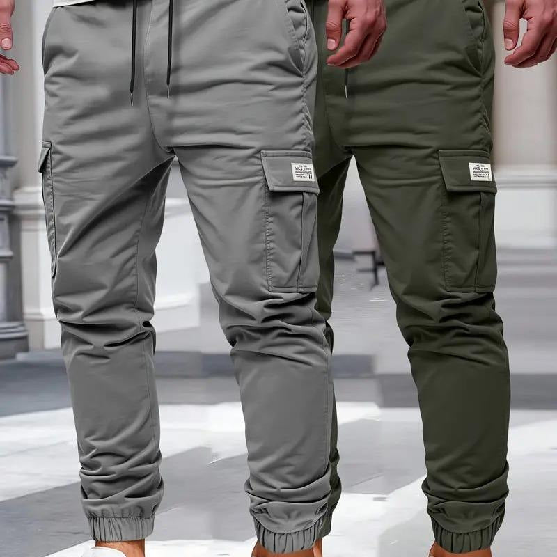 Men's Casual Solid Color Ankle-Length Cargo Pants In Polyester Fabric Featuring Multiple Pockets