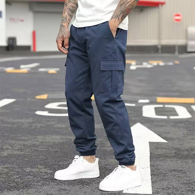 Men's Casual Solid Color Ankle-Length Cargo Pants In Polyester Fabric Featuring Multiple Pockets
