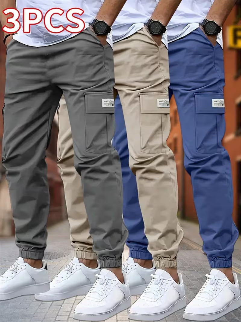 Men's Casual Solid Color Ankle-Length Cargo Pants In Polyester Fabric Featuring Multiple Pockets