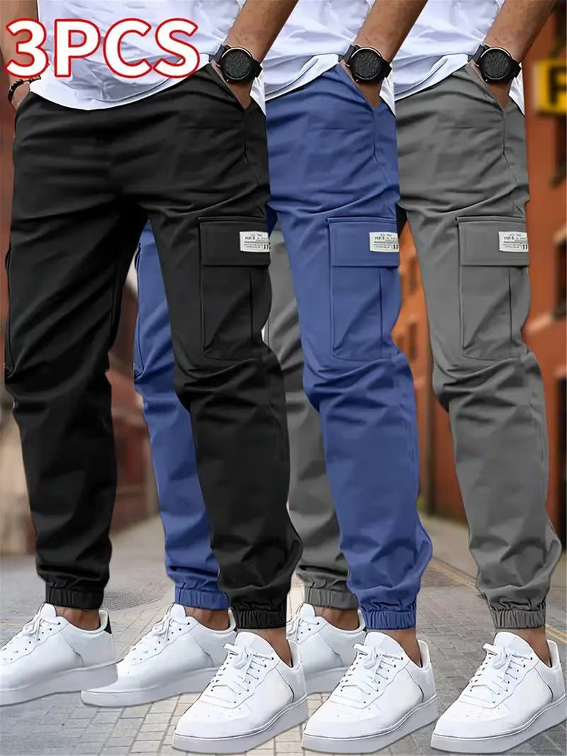 Men's Casual Solid Color Ankle-Length Cargo Pants In Polyester Fabric Featuring Multiple Pockets