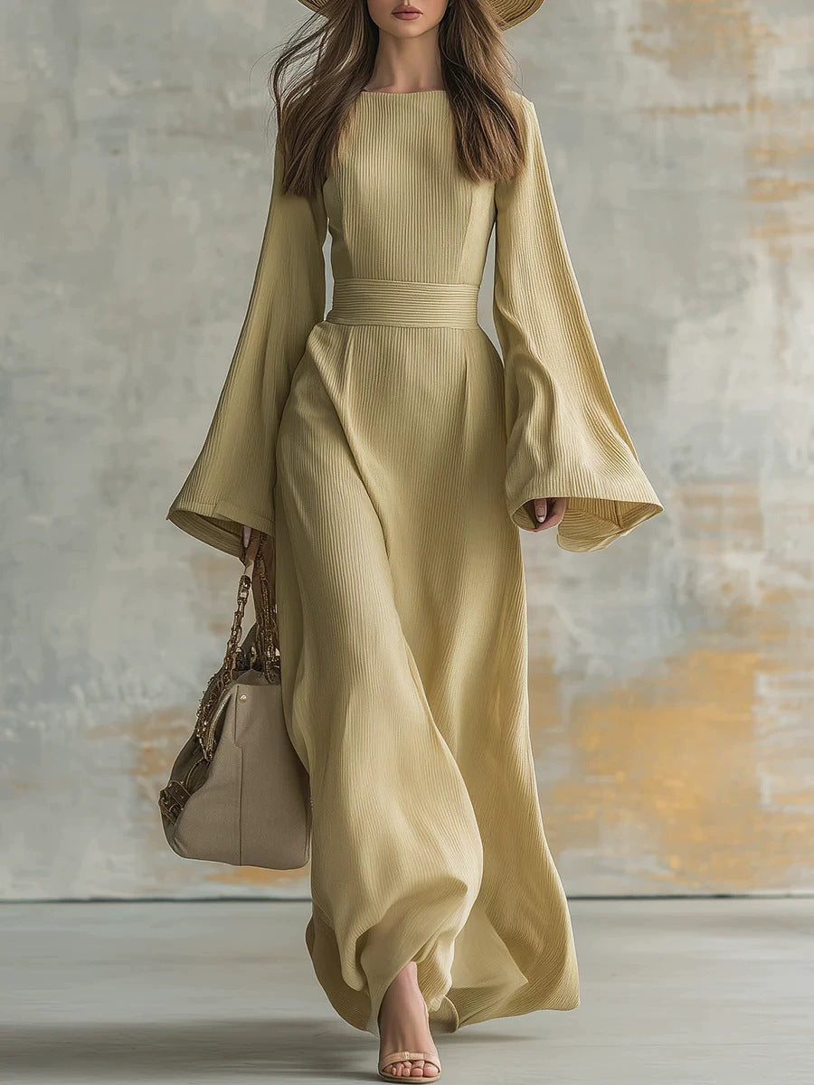 Elegant Solid Color Party Dress With Long Sleeve And Round Neck In Knitted Fabric For Banquet