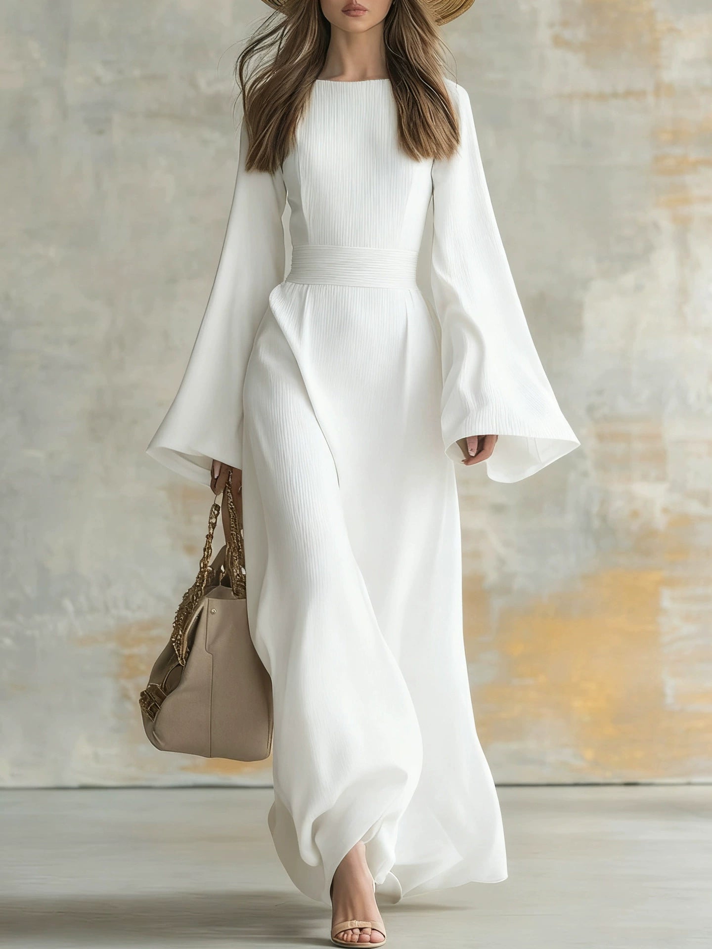 Elegant Solid Color Party Dress With Long Sleeve And Round Neck In Knitted Fabric For Banquet