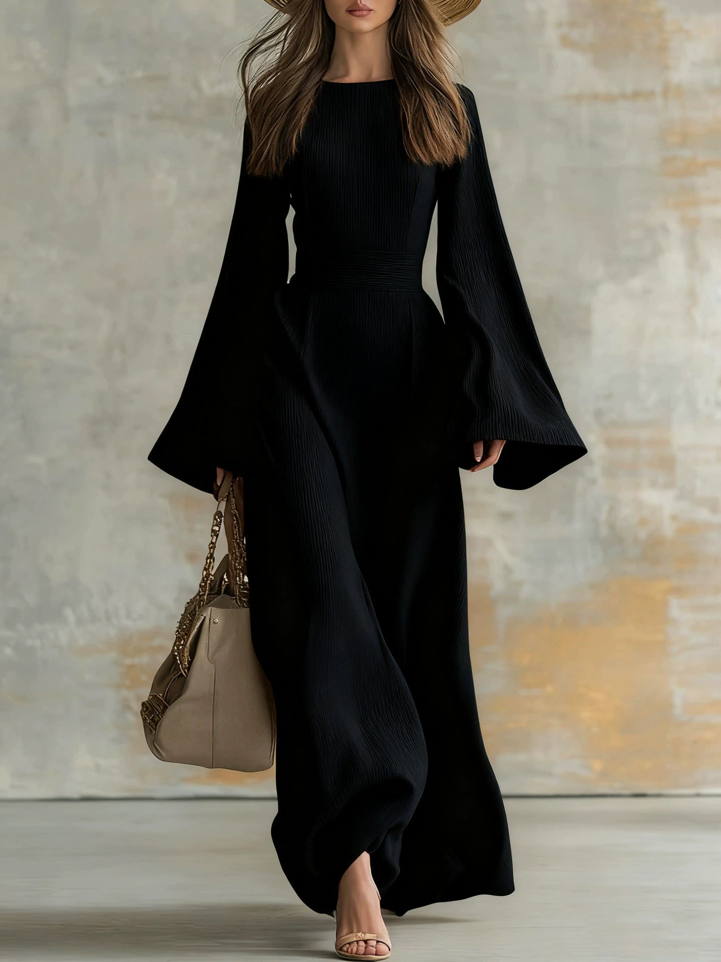 Elegant Solid Color Party Dress With Long Sleeve And Round Neck In Knitted Fabric For Banquet