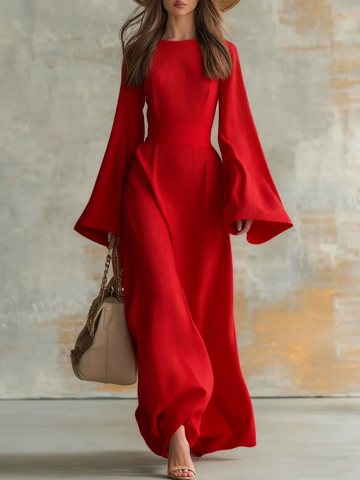 Elegant Solid Color Party Dress With Long Sleeve And Round Neck In Knitted Fabric For Banquet