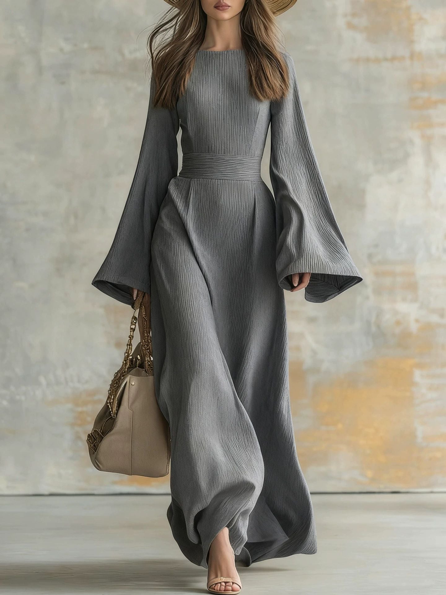 Elegant Solid Color Party Dress With Long Sleeve And Round Neck In Knitted Fabric For Banquet
