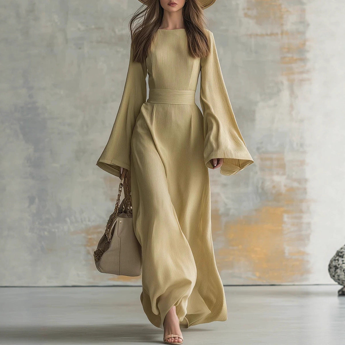 Elegant Solid Color Party Dress With Long Sleeve And Round Neck In Knitted Fabric For Banquet
