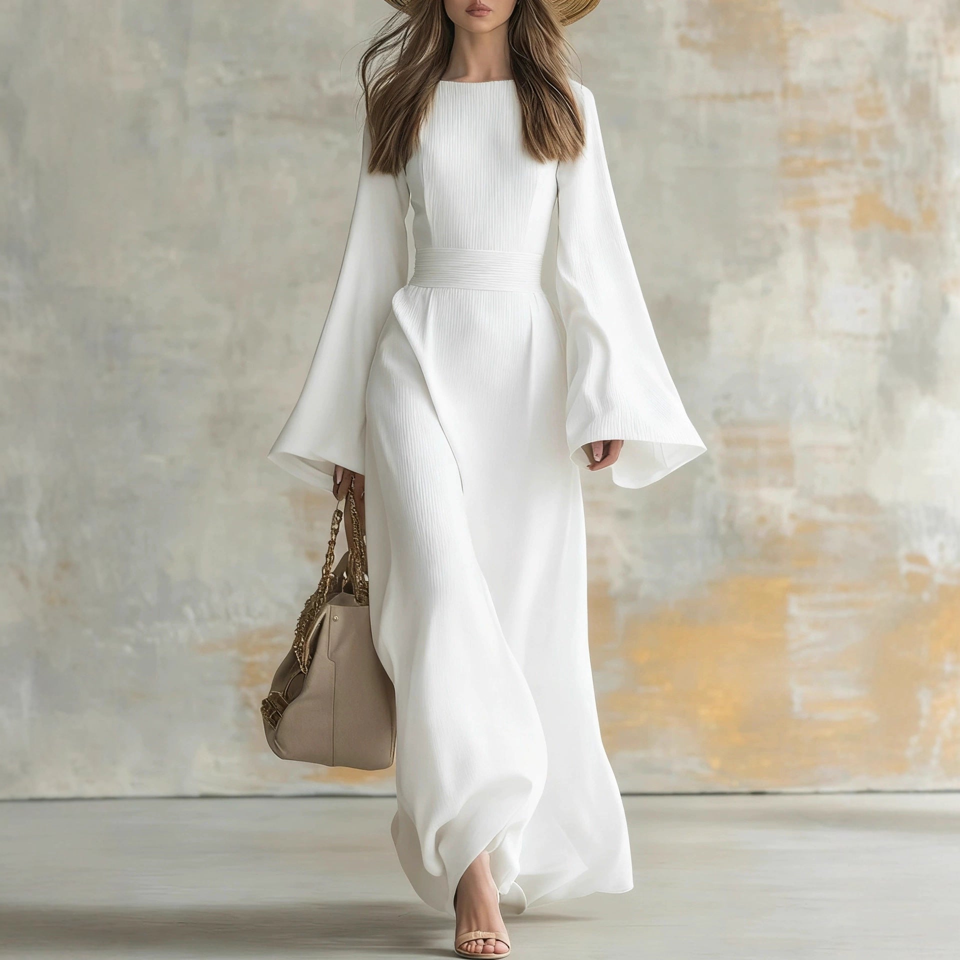Elegant Solid Color Party Dress With Long Sleeve And Round Neck In Knitted Fabric For Banquet