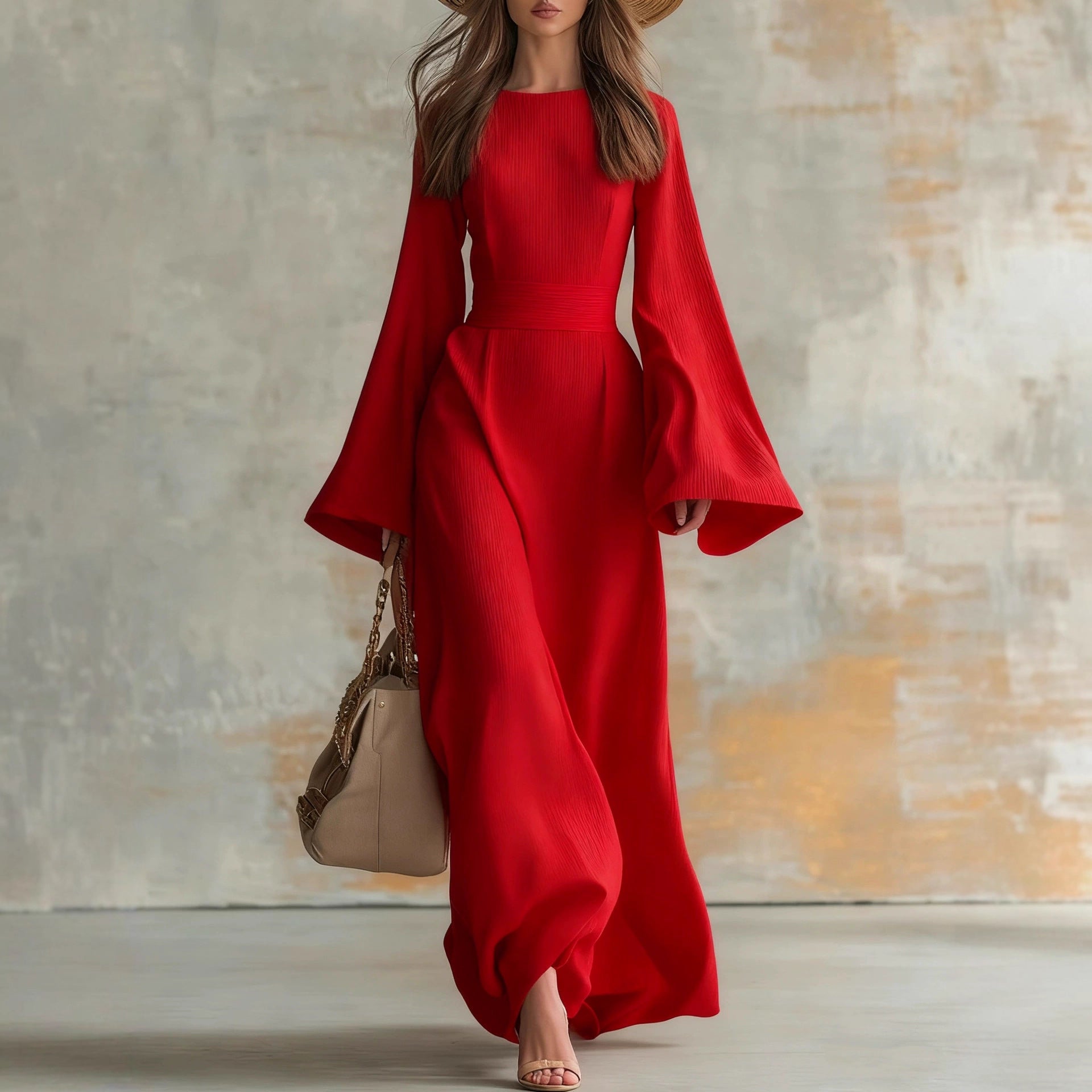 Elegant Solid Color Party Dress With Long Sleeve And Round Neck In Knitted Fabric For Banquet