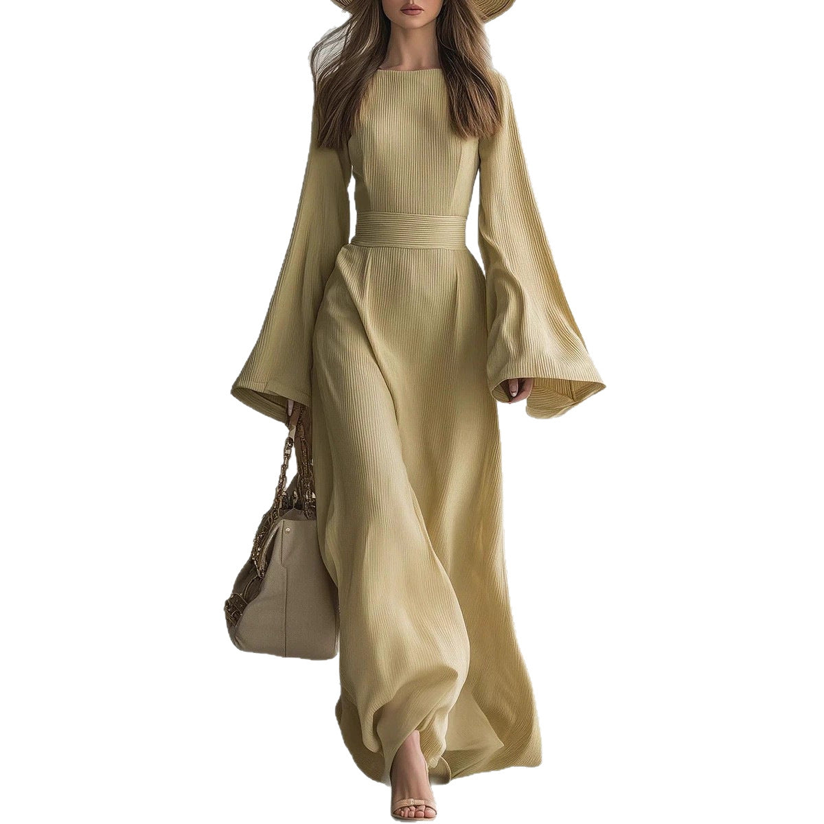 Elegant Solid Color Party Dress With Long Sleeve And Round Neck In Knitted Fabric For Banquet