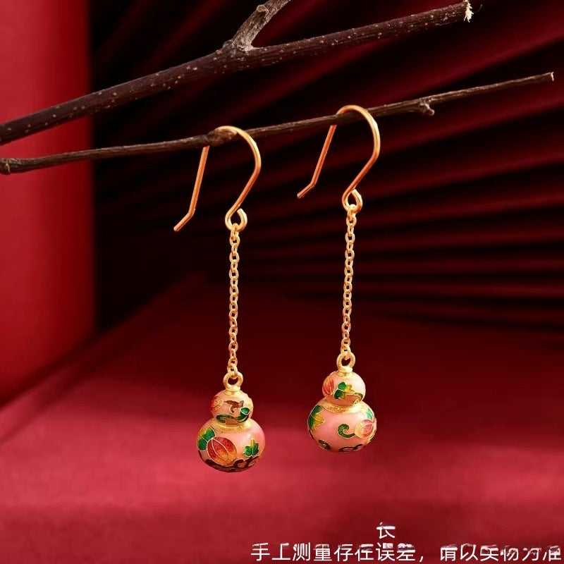 Gourd Drop Earrings For Women In Colour Enamel With 925 Sterling Silver Ear Pins And Copper Alloy Material, 1 Pair