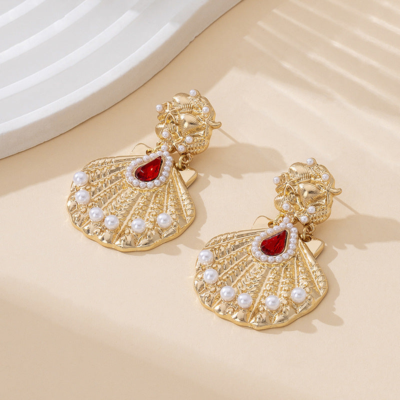 Elegant Alloy Sector Earrings With Artificial Pearl Inlay, Featuring 304 Stainless Steel Studs For Women