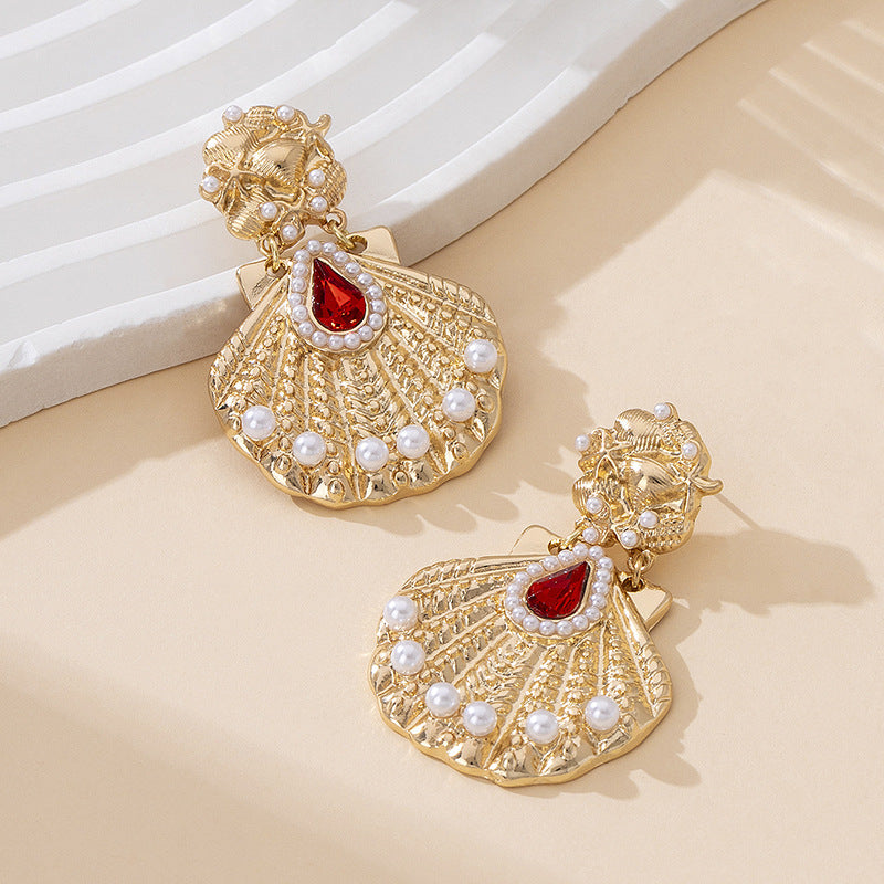 Elegant Alloy Sector Earrings With Artificial Pearl Inlay, Featuring 304 Stainless Steel Studs For Women
