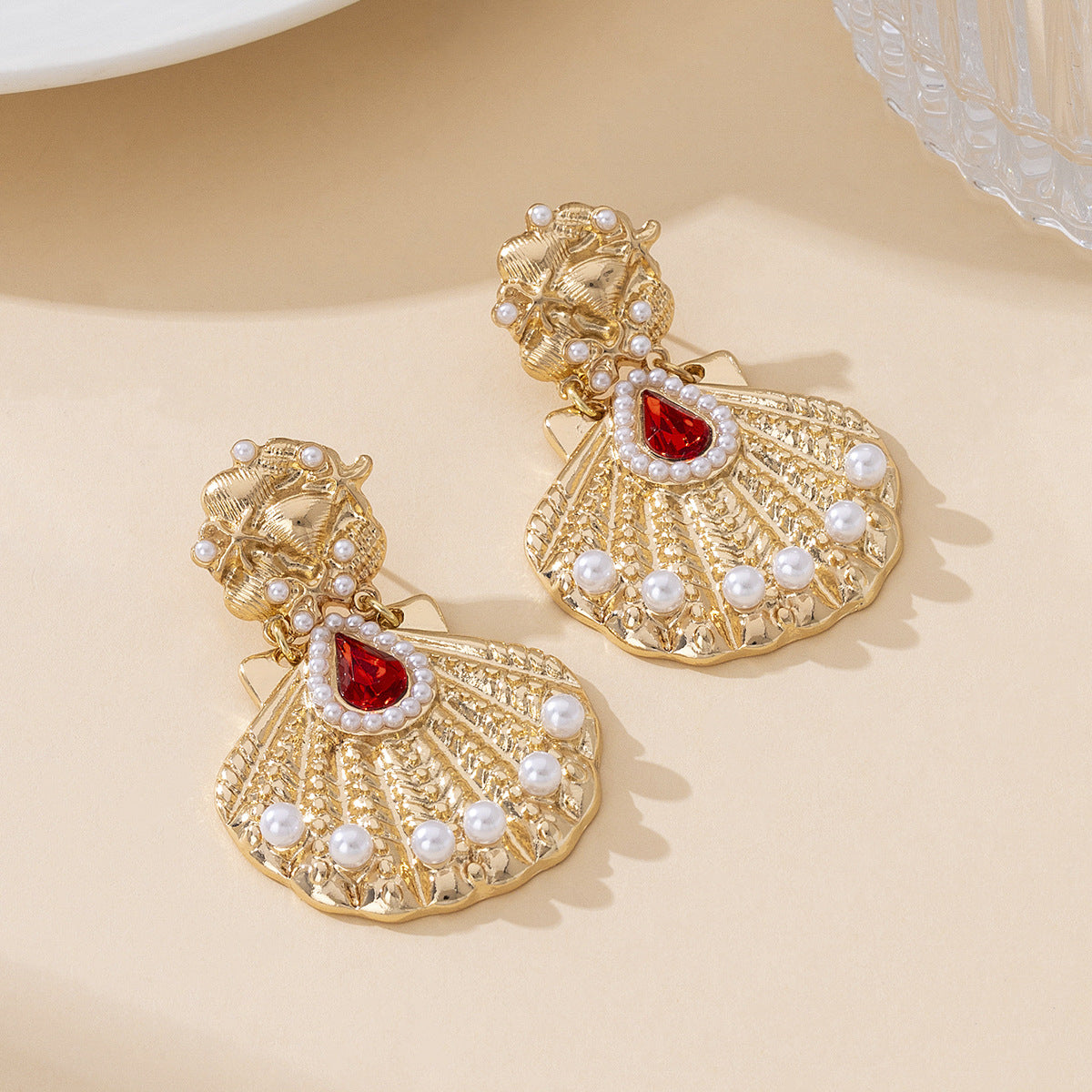 Elegant Alloy Sector Earrings With Artificial Pearl Inlay, Featuring 304 Stainless Steel Studs For Women