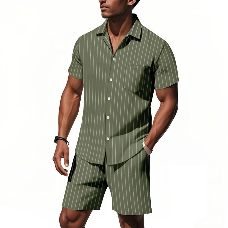 Men's Dyed Black Linen Stripe Shorts Co-ord Set With Jacquard Craft For Beach Occasion