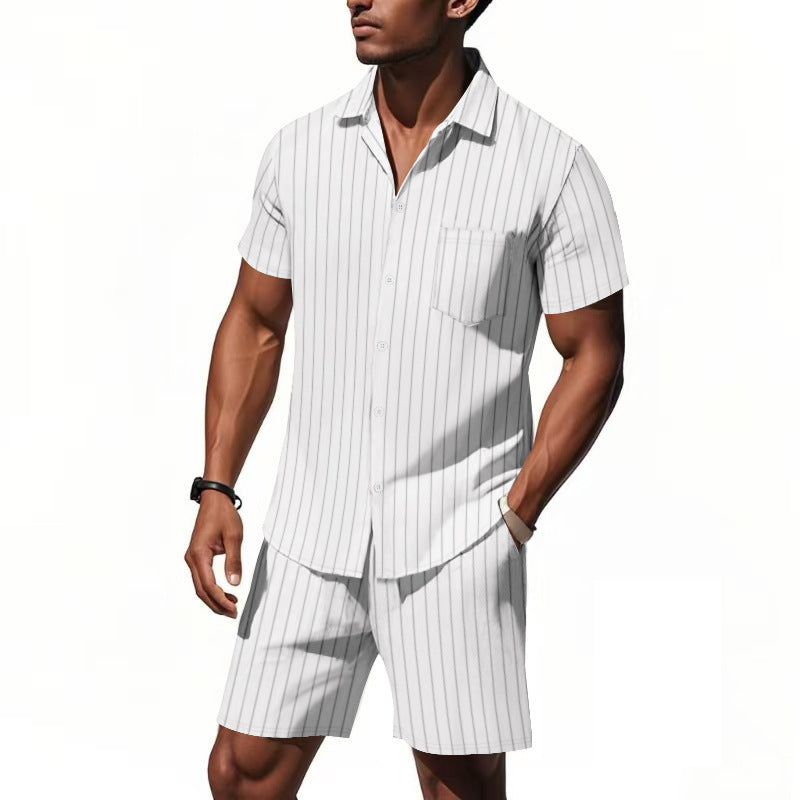 Men's Dyed Black Linen Stripe Shorts Co-ord Set With Jacquard Craft For Beach Occasion