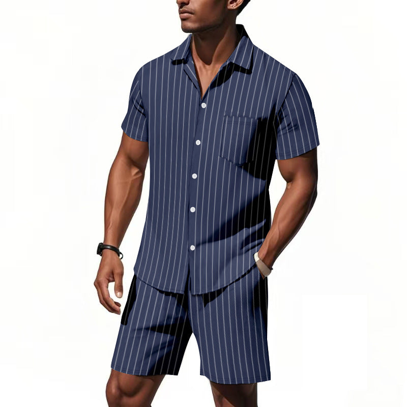 Men's Dyed Black Linen Stripe Shorts Co-ord Set With Jacquard Craft For Beach Occasion
