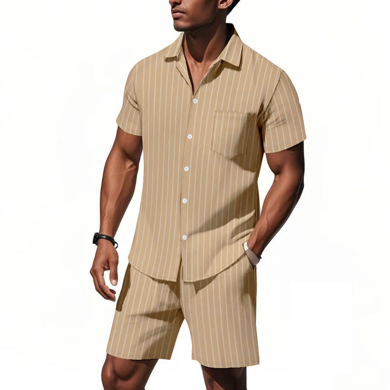 Men's Dyed Black Linen Stripe Shorts Co-ord Set With Jacquard Craft For Beach Occasion