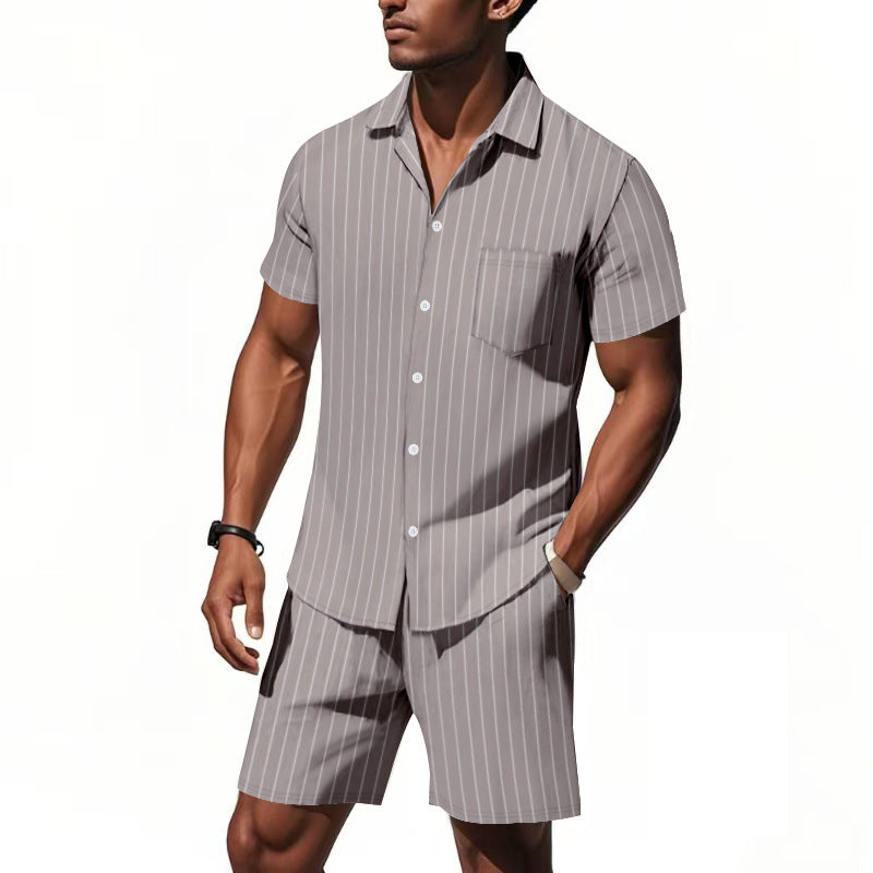 Men's Dyed Black Linen Stripe Shorts Co-ord Set With Jacquard Craft For Beach Occasion