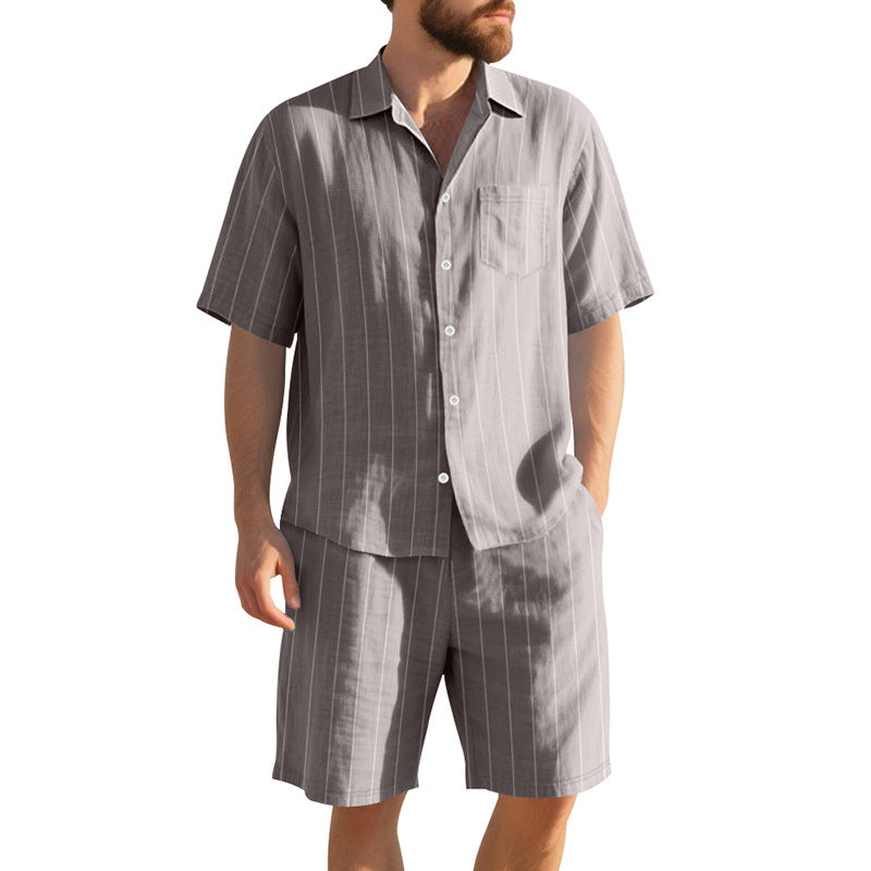 Men's Dyed Black Linen Stripe Shorts Co-ord Set With Jacquard Craft For Beach Occasion