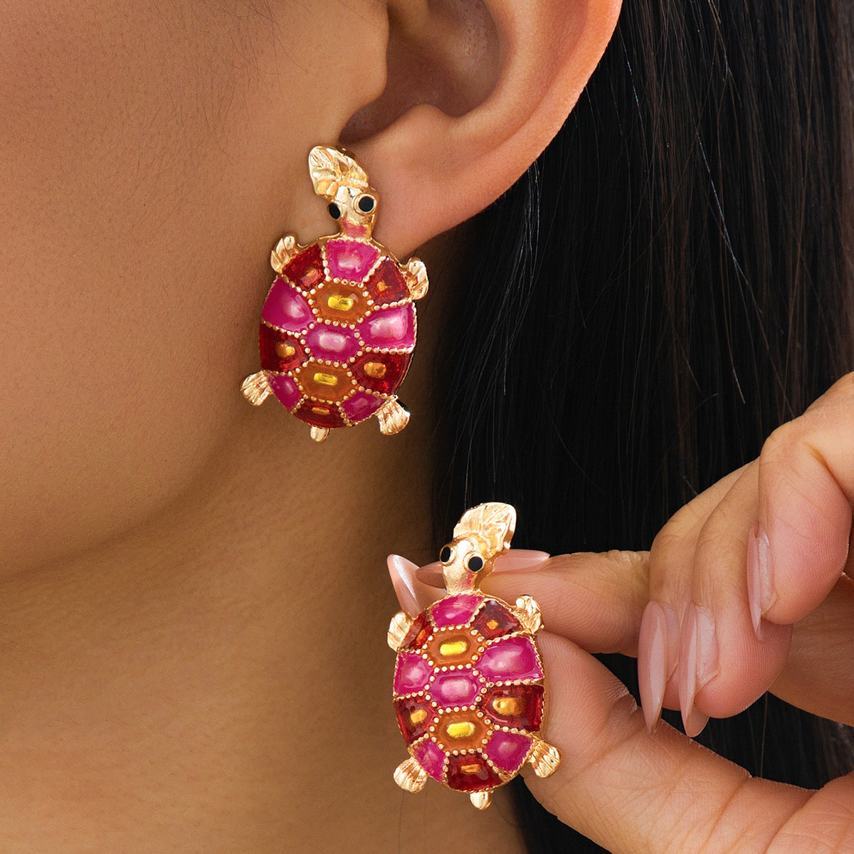 Cute Tortoise Enamel Stud Earrings For Women With 304 Stainless Steel Alloy Posts