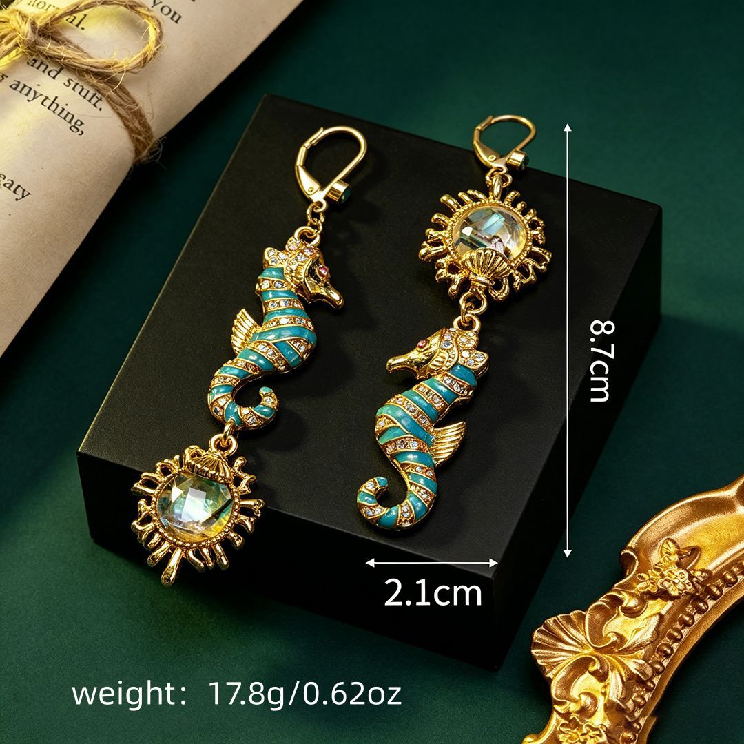 Hippocampus Enamel Drop Earrings For Women In Retro Style With Multicolor Rhinestones And Zinc Alloy